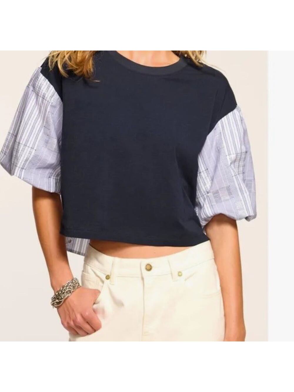 Ramy Brook Women's Toula Mixed Media Crop Cotton Top Navy Blue White Sz L